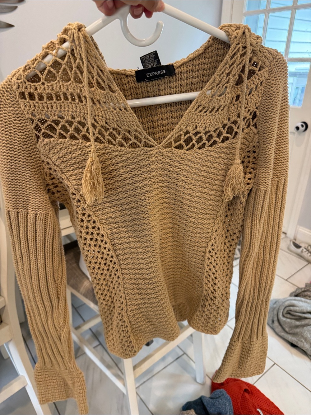 Express Tan Crochet-Detail V-Neck Sweater with Tassels